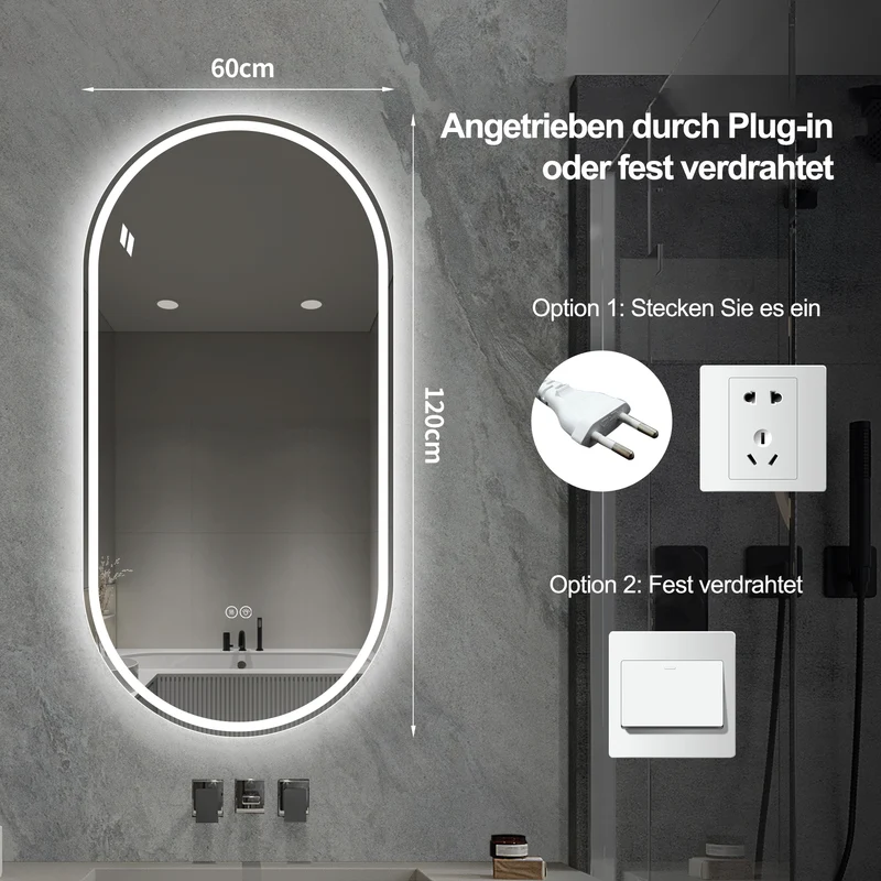 Parallelepipedous 60x120cm Miroir Ovale Sans Cadre LED, Miroir Intelligent Anti-Buée pour Salle de Bain, Argent