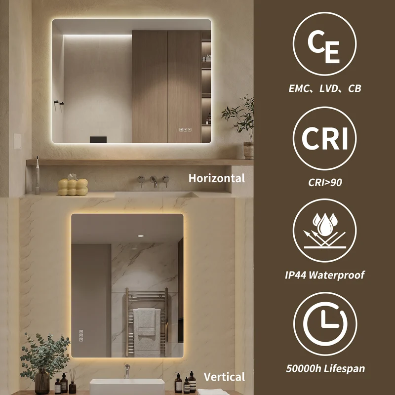 Bungarum Miroir LED 70x90cm – Miroir de Salle de Bain Sans Cadre, Rétroéclairé, Dimmable, Anti-Buée, Montage Vertical/Horizontal
