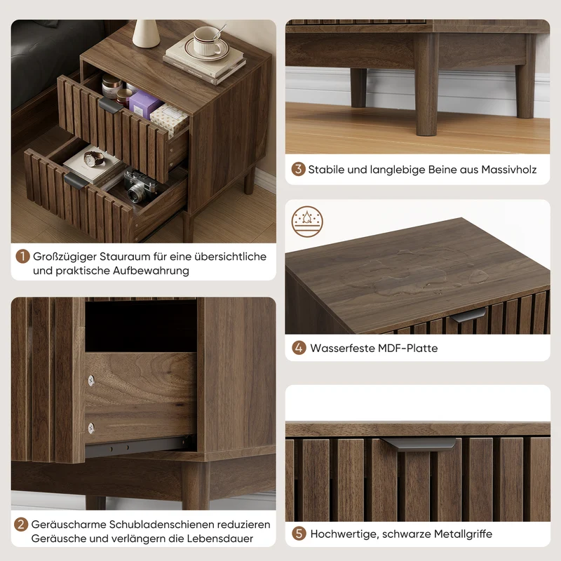Table de chevet effet noyer à latte 2 tiroirs 45x39x56,5cm BIRCHVASE