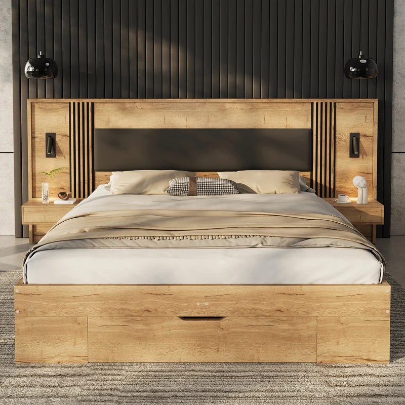 Lit king size effet bois avec rangement, lampes et 2 tables de chevet 180x200cm BIRCHCREDENZA
