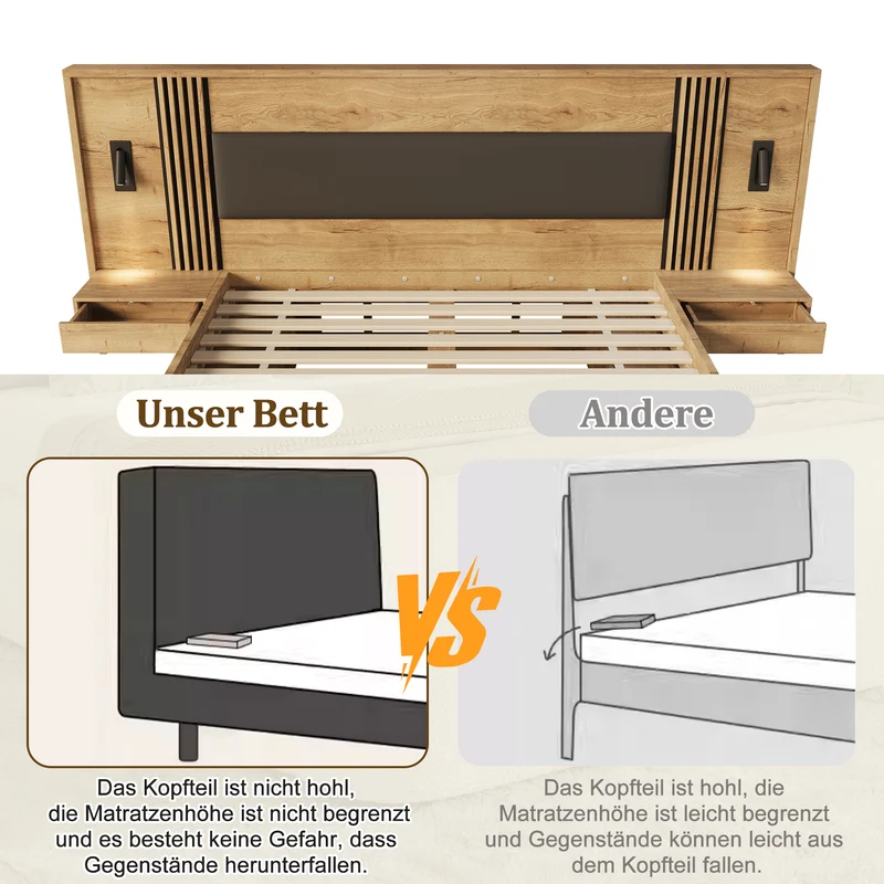 Lit king size effet bois avec rangement, lampes et 2 tables de chevet 180x200cm BIRCHCREDENZA