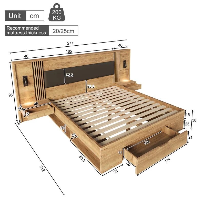 Lit king size effet bois avec rangement, lampes et 2 tables de chevet 180x200cm BIRCHCREDENZA
