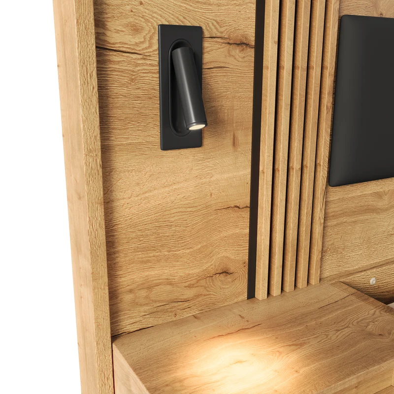 Lit king size effet bois avec rangement, lampes et 2 tables de chevet 180x200cm BIRCHCREDENZA