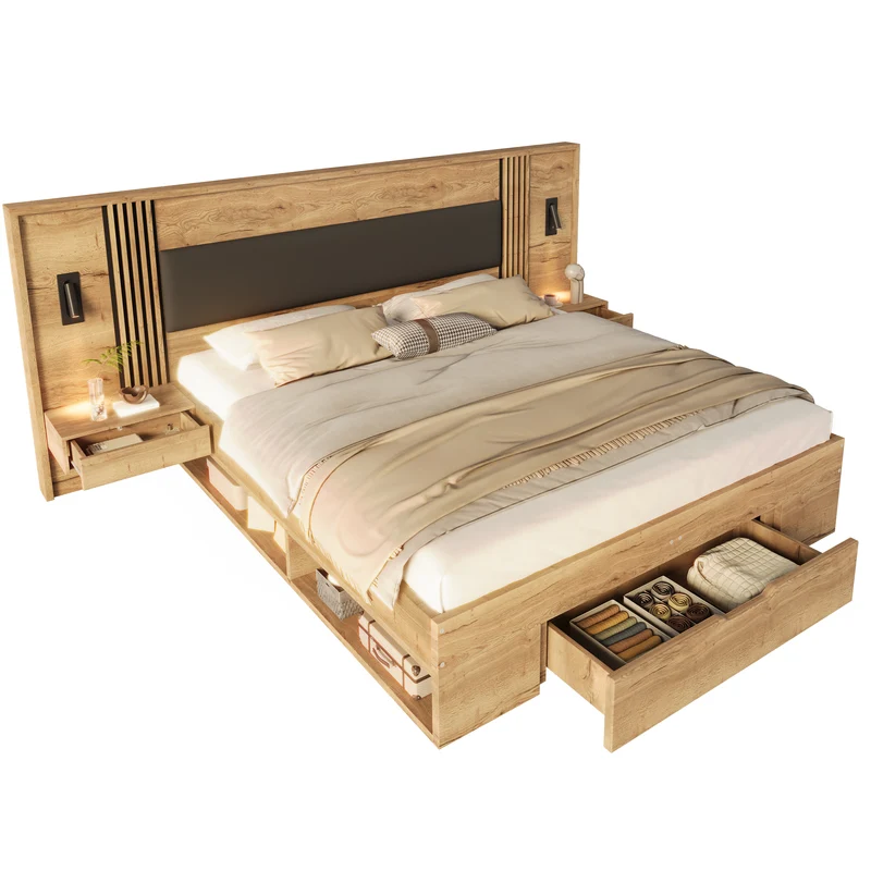 Lit king size effet bois avec rangement, lampes et 2 tables de chevet 180x200cm BIRCHCREDENZA