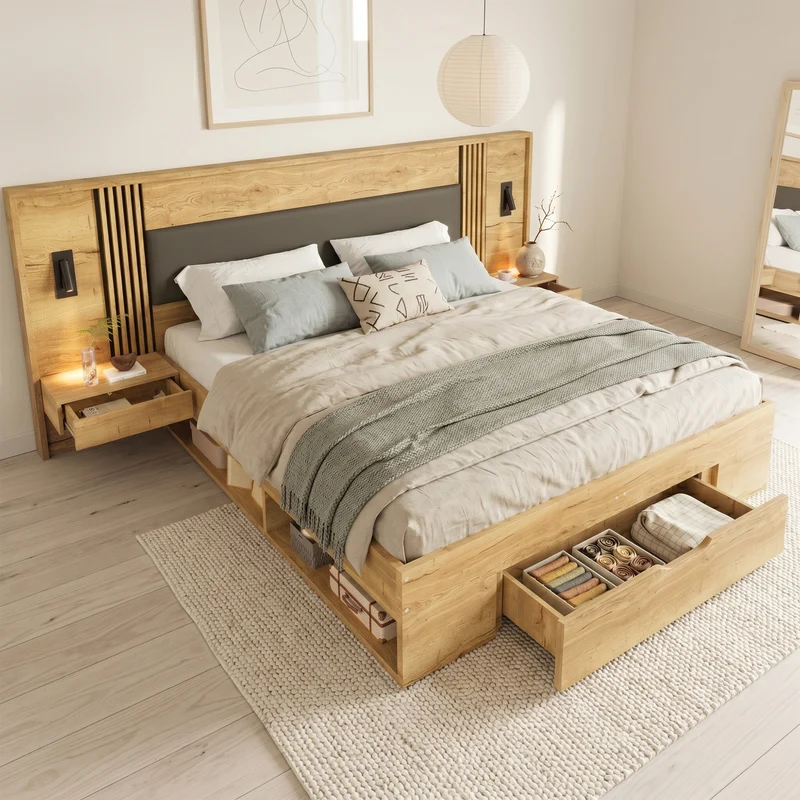 Lit king size effet bois avec rangement, lampes et 2 tables de chevet 180x200cm BIRCHCREDENZA