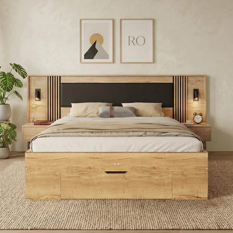 Lit king size effet bois avec rangement, lampes et 2 tables de chevet 180x200cm BIRCHCREDENZA