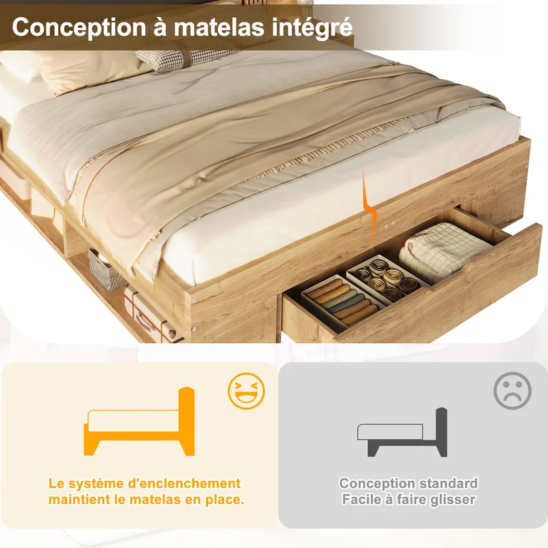 Lit king size effet bois avec rangement, lampes et 2 tables de chevet 180x200cm BIRCHCREDENZA