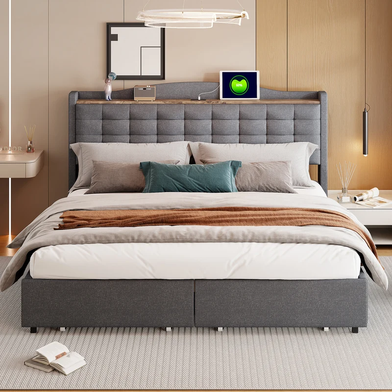 Lit king lin gris rembourré 4 tiroirs avec 2 prises USB (160*200 cm) EMPHUT DARK GREY KING