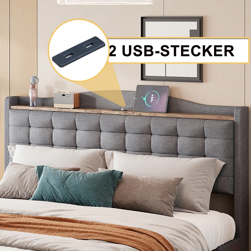 Lit king lin gris rembourré 4 tiroirs avec 2 prises USB (160*200 cm) EMPHUT DARK GREY KING