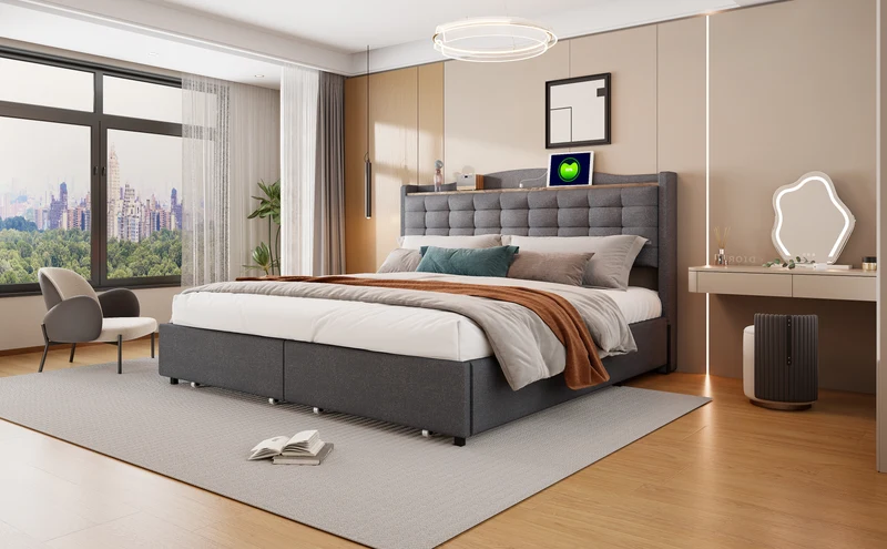 Lit king lin gris rembourré 4 tiroirs avec 2 prises USB (160*200 cm) EMPHUT DARK GREY KING
