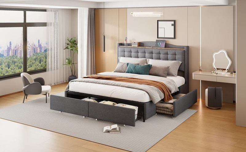 Lit king lin gris rembourré 4 tiroirs avec 2 prises USB (160*200 cm) EMPHUT DARK GREY KING