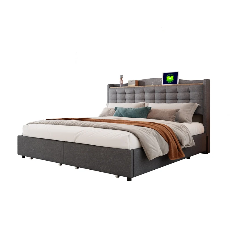 Lit king lin gris rembourré 4 tiroirs avec 2 prises USB (160*200 cm) EMPHUT DARK GREY KING