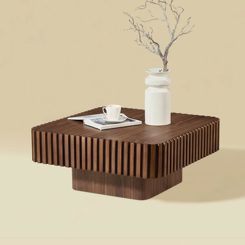 Table basse carré effet bois noyer cadre sculpté 80x80x35cm MOMENTUMFLARE