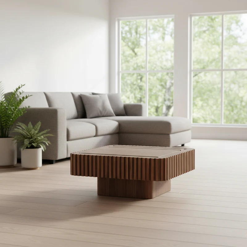 Table basse carré effet bois noyer cadre sculpté 80x80x35cm MOMENTUMFLARE