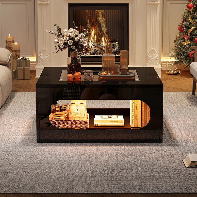Table basse carrée noire avec plateau en verre trempé et éclairage LED 70x70x35cm UNDERTOW