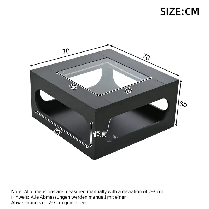 Table basse carrée noire avec plateau en verre trempé et éclairage LED 70x70x35cm UNDERTOW
