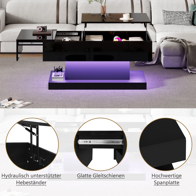 Table basse relevable laqué noire avec éclairage LED 100x50 cm SECRETION