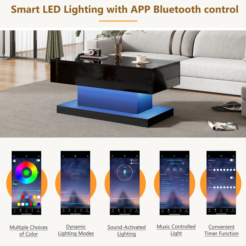 Table basse relevable laqué noire avec éclairage LED 100x50 cm SECRETION