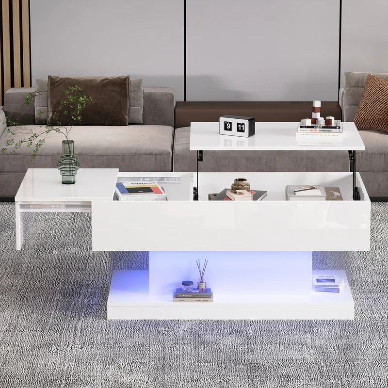 Table basse blanche relevable avec éclairage LED et 1 tiroir 100*50*45cm OIL