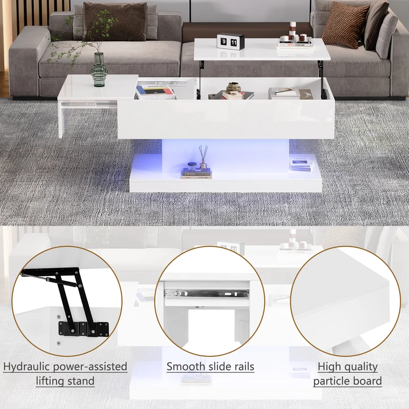 Table basse blanche relevable avec éclairage LED et 1 tiroir 100*50*45cm OIL