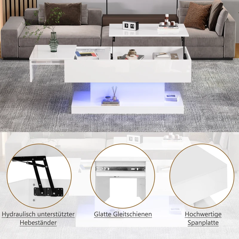 Table basse blanche relevable avec éclairage LED et 1 tiroir 100*50*45cm OIL