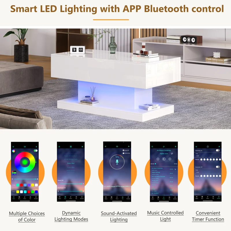 Table basse blanche relevable avec éclairage LED et 1 tiroir 100*50*45cm OIL