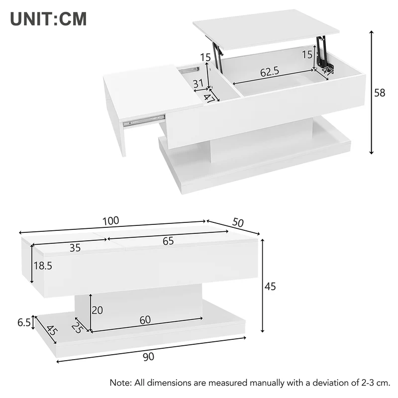Table basse blanche relevable avec éclairage LED et 1 tiroir 100*50*45cm OIL