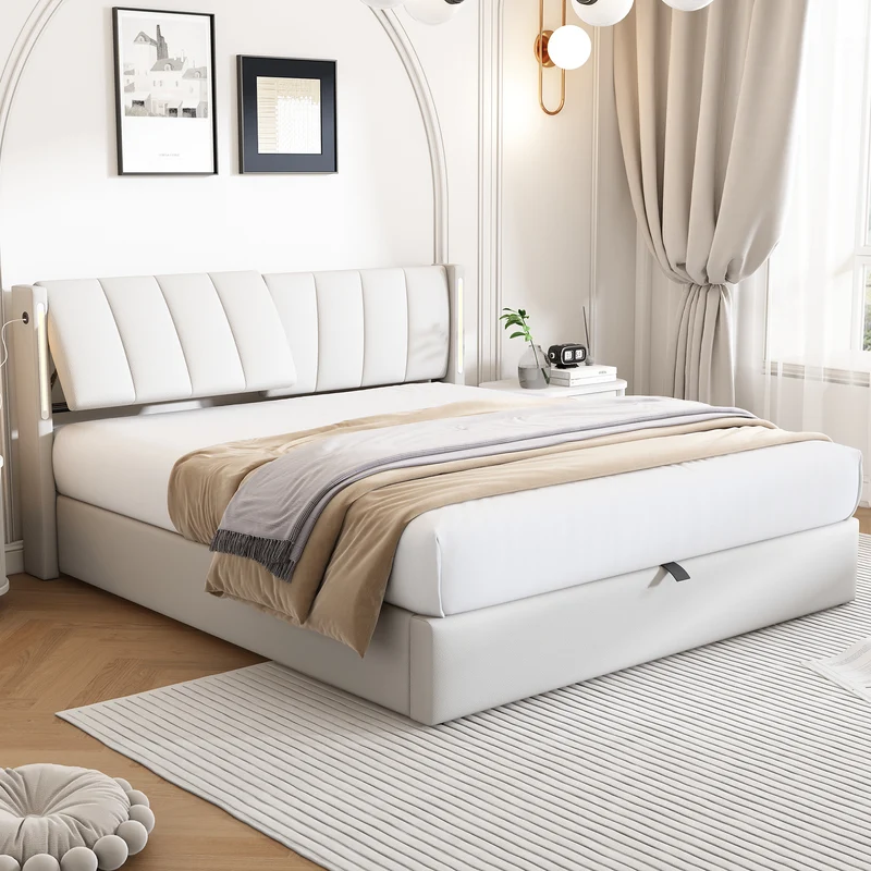 Lit coffre double PU blanc avec éclairage LED, USB et tête de lit réglable (160x200 cm) UDET WHITE KING