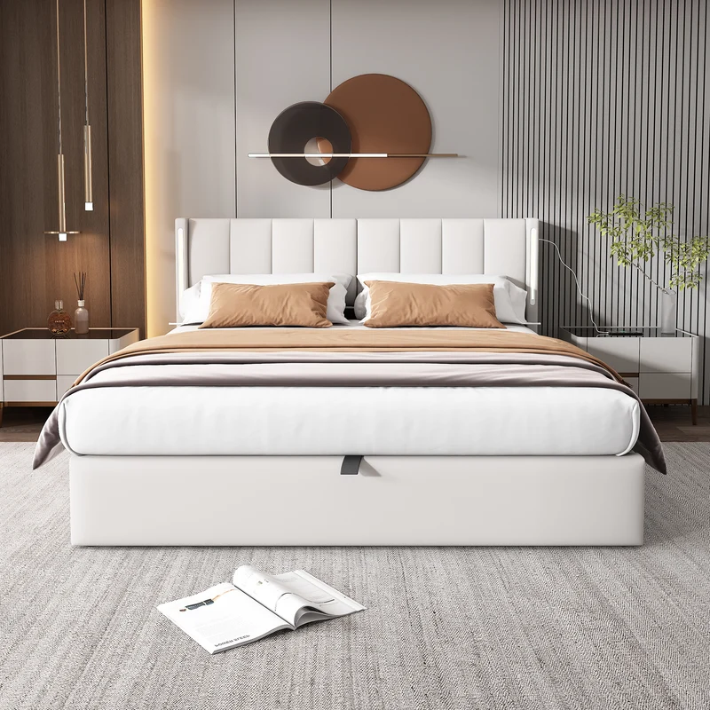 Lit coffre double PU blanc avec éclairage LED, USB et tête de lit réglable (160x200 cm) UDET WHITE KING