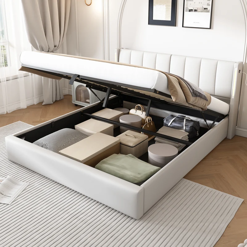 Lit coffre double PU blanc avec éclairage LED, USB et tête de lit réglable (160x200 cm) UDET WHITE KING