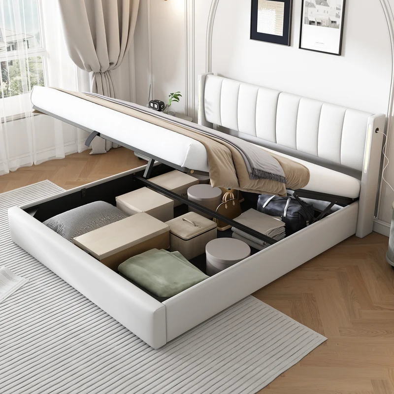 Lit coffre double PU blanc avec éclairage LED, USB et tête de lit réglable (160x200 cm) UDET WHITE KING