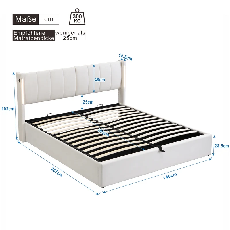 Lit coffre double PU blanc avec éclairage LED, USB et tête de lit réglable (160x200 cm) UDET WHITE KING