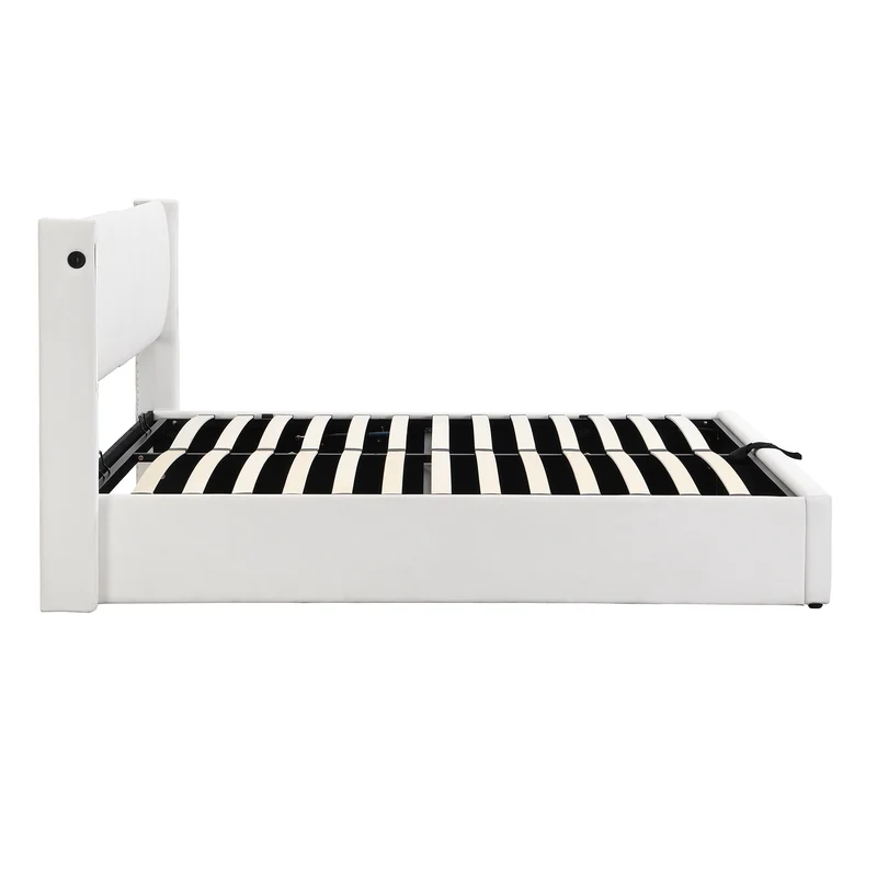 Lit coffre double PU blanc avec éclairage LED, USB et tête de lit réglable (160x200 cm) UDET WHITE KING