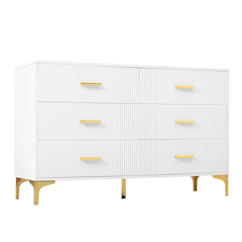 Commode blanche élégante à 6 tiroirs motif ondulé accents dorées BRAXUINS