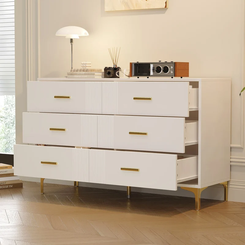 Commode blanche élégante à 6 tiroirs motif ondulé accents dorées BRAXUINS
