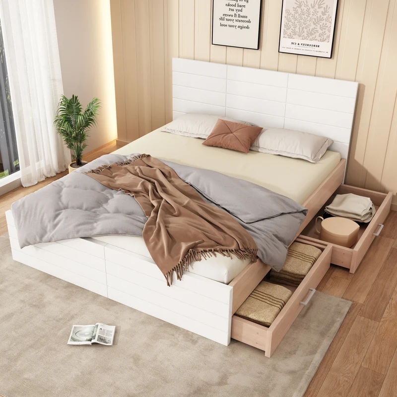Cadre de lit queen blanc scandinave avec 2 tiroirs de rangement sous le lit 160*200cm (matelas non inclus) MRNA