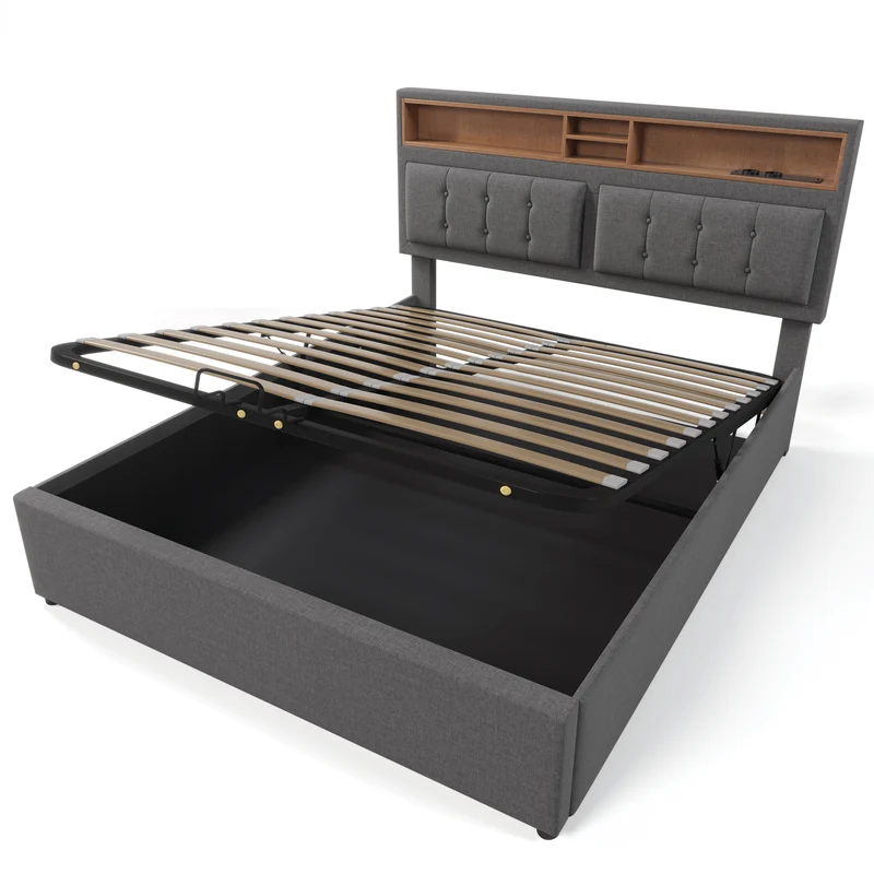 Lit coffre queen tissu gris avec port USB C et rangement 160*200cm (matelas non inclus) FAT