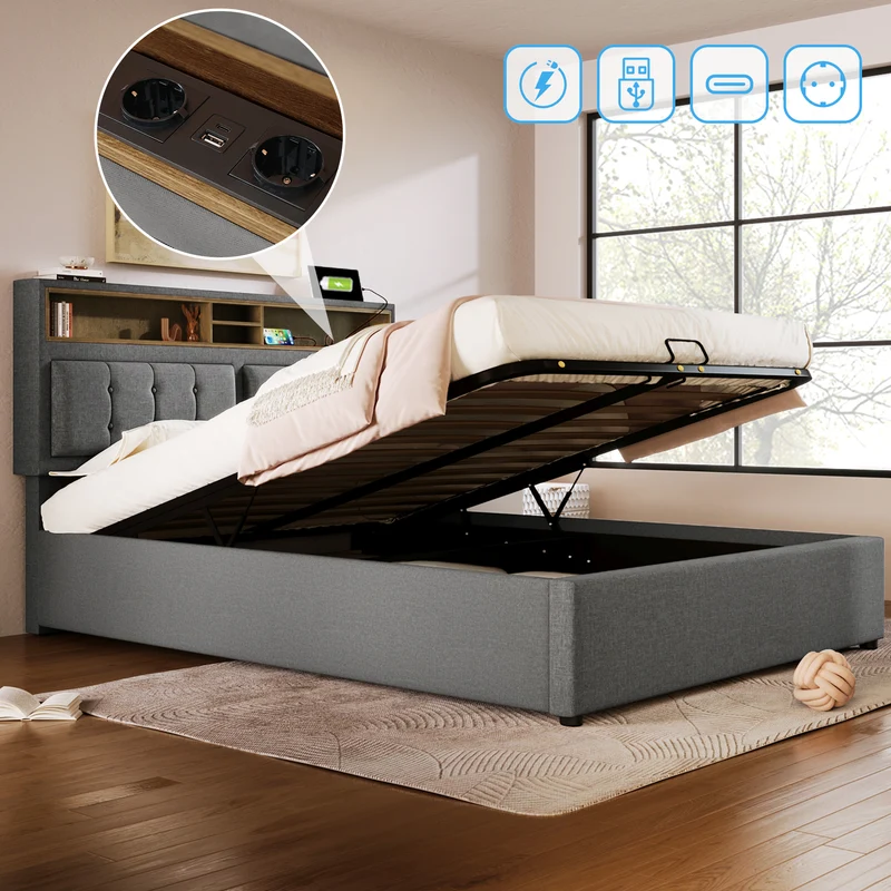 Lit coffre queen tissu gris avec port USB C et rangement 160*200cm (matelas non inclus) FAT