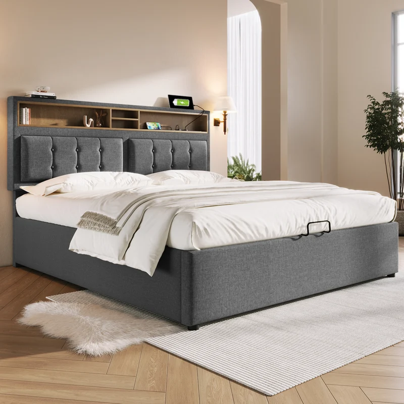 Lit coffre queen tissu gris avec port USB C et rangement 160*200cm (matelas non inclus) FAT