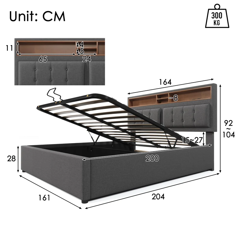 Lit coffre queen tissu gris avec port USB C et rangement 160*200cm (matelas non inclus) FAT