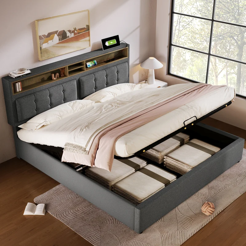 Lit coffre queen tissu gris avec port USB C et rangement 160*200cm (matelas non inclus) FAT