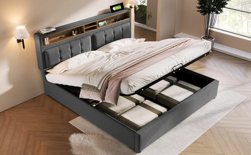 Lit coffre queen tissu gris avec port USB C et rangement 160*200cm (matelas non inclus) FAT