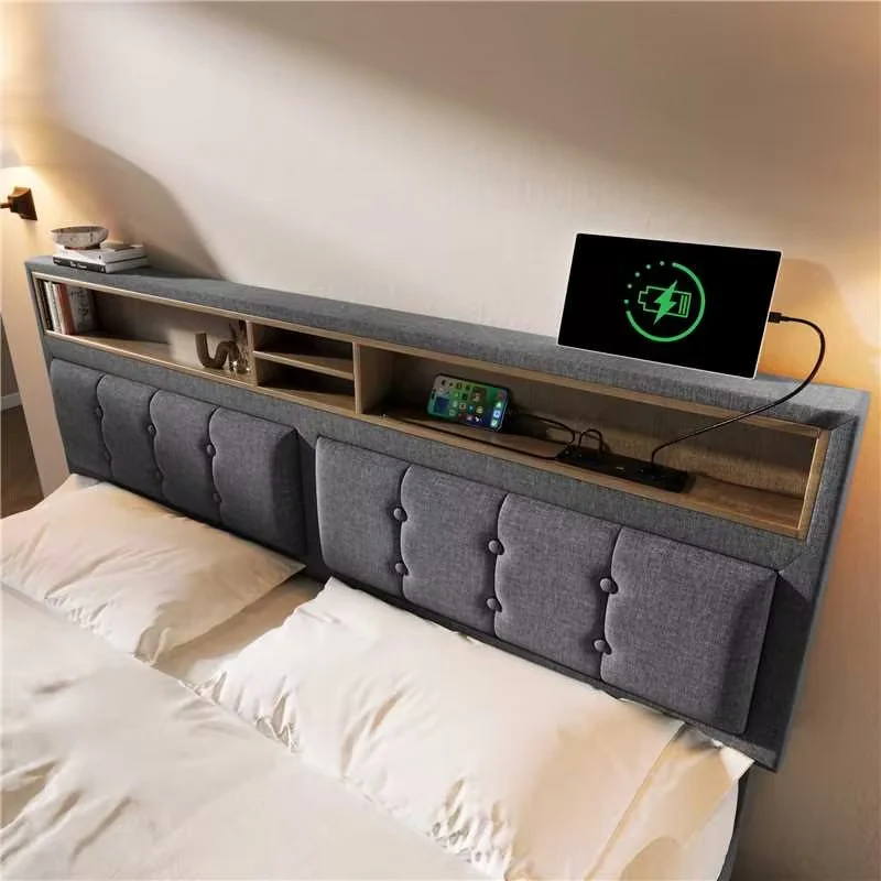 Lit coffre queen tissu gris avec port USB C et rangement 160*200cm (matelas non inclus) FAT