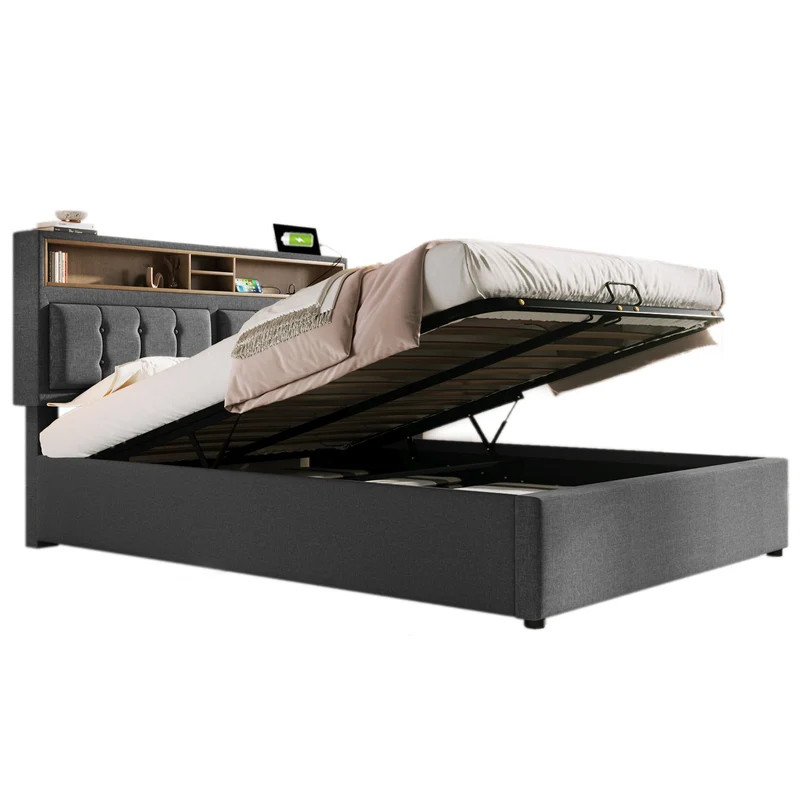 Lit coffre queen tissu gris avec port USB C et rangement 160*200cm (matelas non inclus) FAT