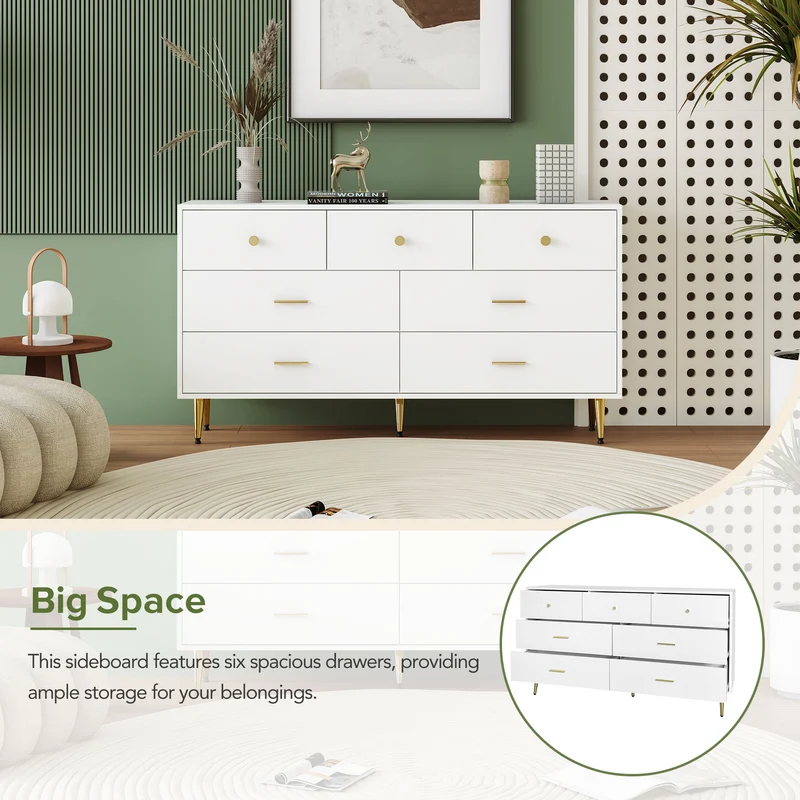 Buffet commode blanc 7 tiroirs poignées et pieds dorées STESQEKS