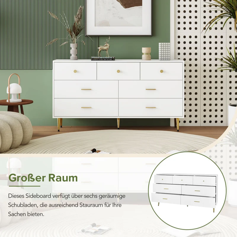 Buffet commode blanc 7 tiroirs poignées et pieds dorées STESQEKS