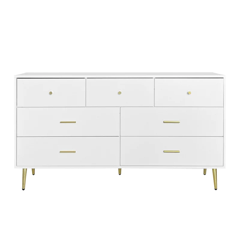 Buffet commode blanc 7 tiroirs poignées et pieds dorées STESQEKS