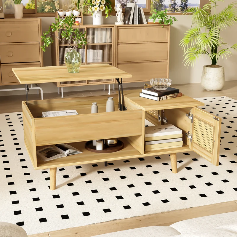 Table basse relevable effet bois 2 portes en rotin 103*50cm DHANNANS