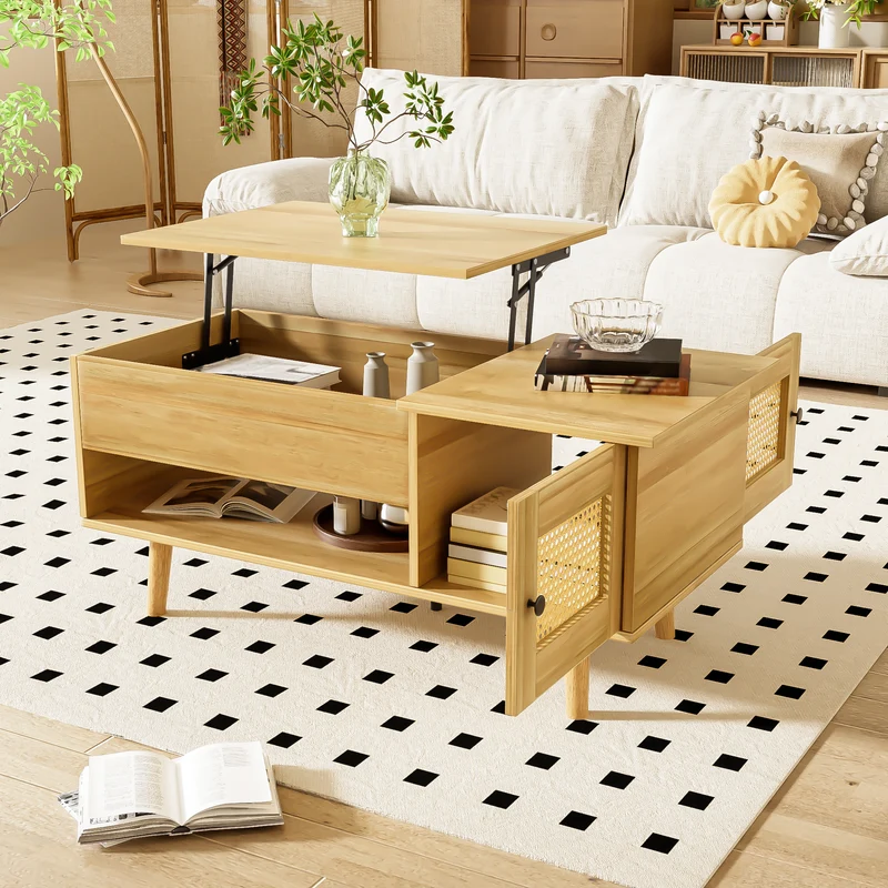 Table basse relevable effet bois 2 portes en rotin 103*50cm DHANNANS