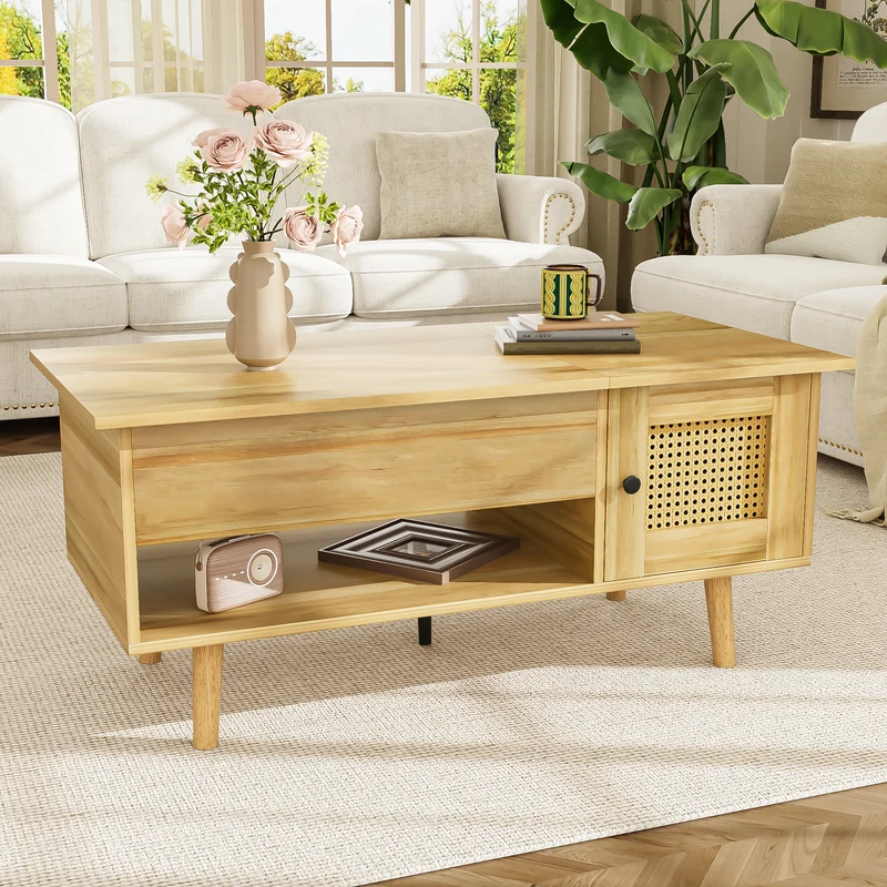 Table basse relevable effet bois 2 portes en rotin 103*50cm DHANNANS